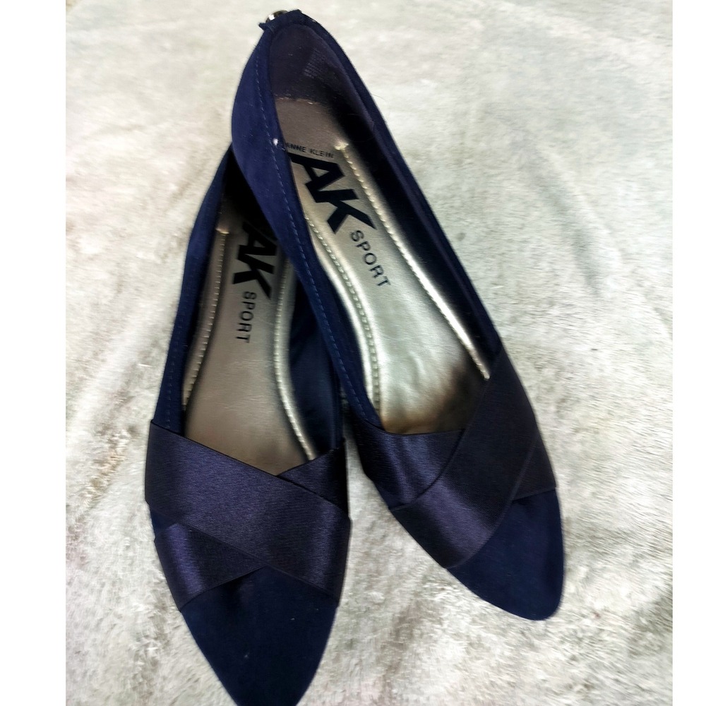 Anne Klein AK Sport Satin Crisscross Pointed Toe Ballet Flats Women 8.5M Navy